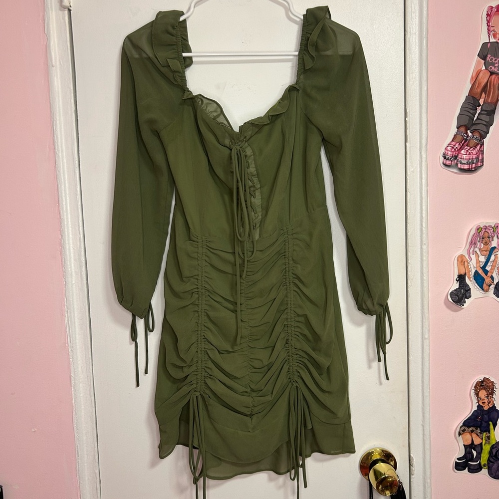 Olive Green Ruched Dress